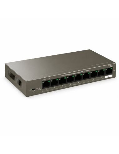 Switch PoE Tenda 8 Puertos 10/100 58W 802.3af/at, referencia TEF1109P-8-63W, detalle de conectores y puertos