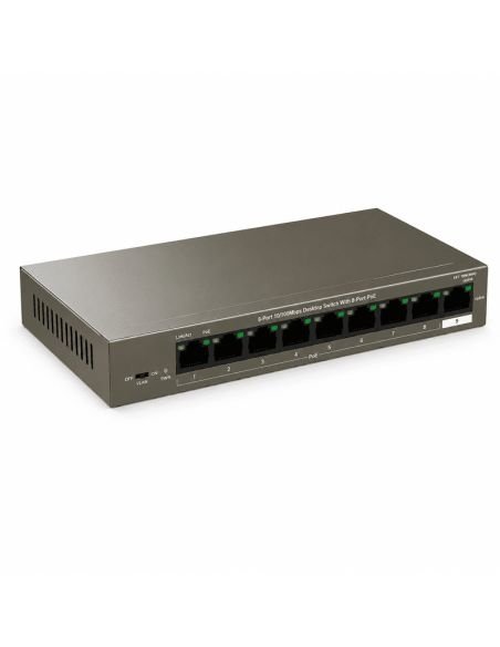Switch PoE Tenda 8 Puertos 10/100 58W 802.3af/at, referencia TEF1109P-8-63W, detalle de conectores y puertos