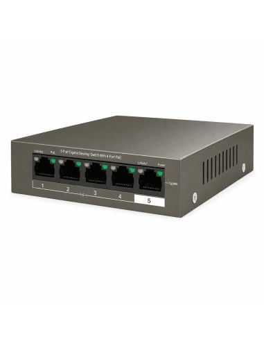 Switch PoE Tenda 4 Puertos Gigabit 58W 802.3af/at, referencia TEG1105P-4-63W, vista en ángulo