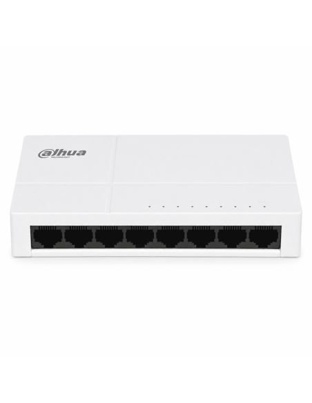 Switch Dahua 8 Puertos Gigabit No Administrable, referencia DH-PFS3008-8GT-L, detalle de conectores y puertos