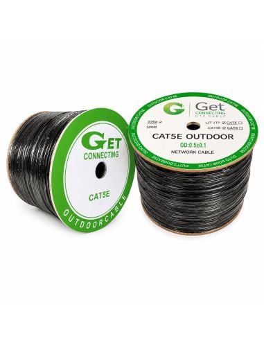 Cable UTP GET Cat 5E Exterior CCA Protección UV 305 m, referencia GET5E-EX-305m, detalle de conectores y puertos