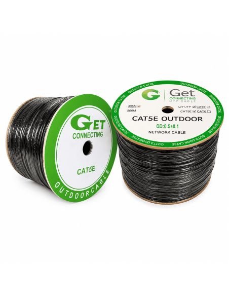 Cable UTP GET Cat 5E Exterior CCA Protección UV 305 m, referencia GET5E-EX-305m, detalle de conectores y puertos