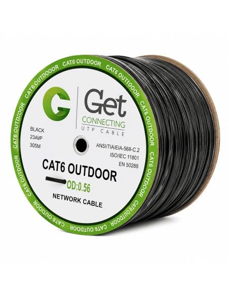 Cable UTP GET Cat 6E Exterior CCA Doble Cubierta, referencia GET6E-EX-305m, detalle de conectores y puertos