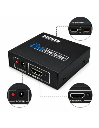 Splitter HDMI 2 Salidas Full HD 1080P Plug and Play, referencia 90010101, detalle de conectores y puertos