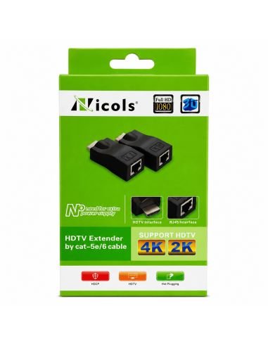 Extender HDMI 4K a 30 Metros por un Cable UTP, referencia 90030107, detalle de conectores y puertos