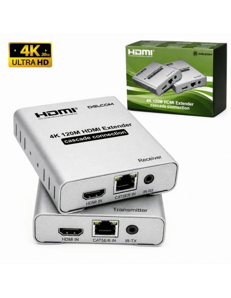 Extender HDMI 4K Ultra HD a 120 Metros Activo, referencia 90030124, detalle de conectores y puertos