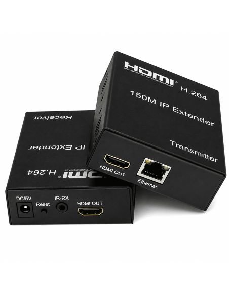 Extender HDMI Full HD a 150 Metros con MJPEG, referencia 90030125, detalle de conectores y puertos