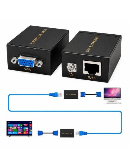 Extensor VGA 100 Metros Largo Alcance por Cable UTP, referencia 90030203, detalle de conectores y puertos