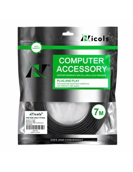Cable HDMI Encauchetado de 7 m para TV DVR y NVR, referencia 300184, detalle de conectores y puertos