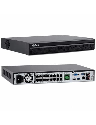 NVR IP 16 Canales CON PoE 130W 4K 2 SATA Dahua, referencia DHI-NVR4216-16P-4KS3, detalle de conectores y puertos