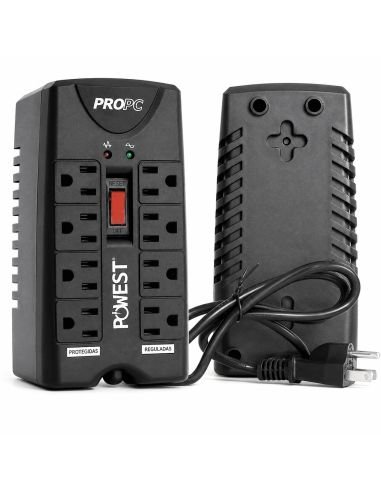 Regulador de Voltaje 1000VA 8 Tomas 4 Reguladas, referencia NRPC1000-7312, detalle de conectores y puertos