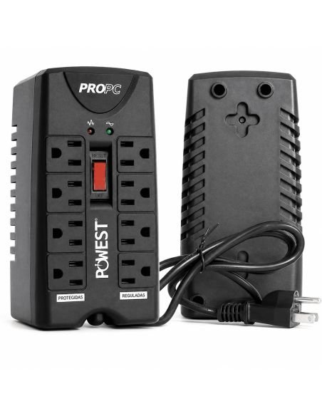 Regulador de Voltaje 1000VA 8 Tomas 4 Reguladas, referencia NRPC1000-7312, detalle de conectores y puertos