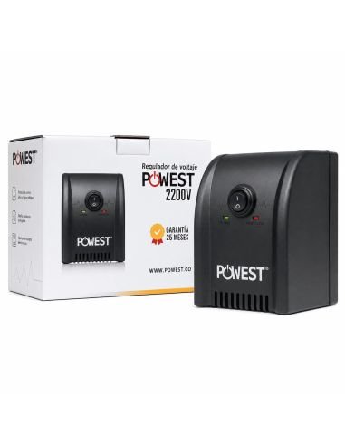 Regulador de Voltaje Powest 2200VA 8 Salidas NEMA, referencia NRP2200-7313, detalle de conectores y puertos