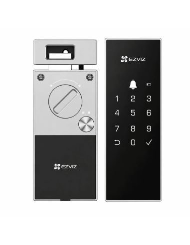 Cerradura EZVIZ DL03 Huella Tarjeta 6 en 1, referencia CS-DL03-R100-WBCP-GR(O-STD), detalle de conectores y puertos