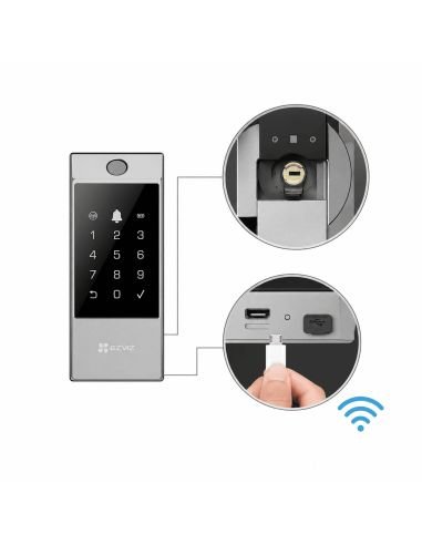 Cerradura EZVIZ DL04 Pantalla Tactil Huella, referencia CS-DL04-R100-WBCP-GR(M)(O-STD), producto en uso