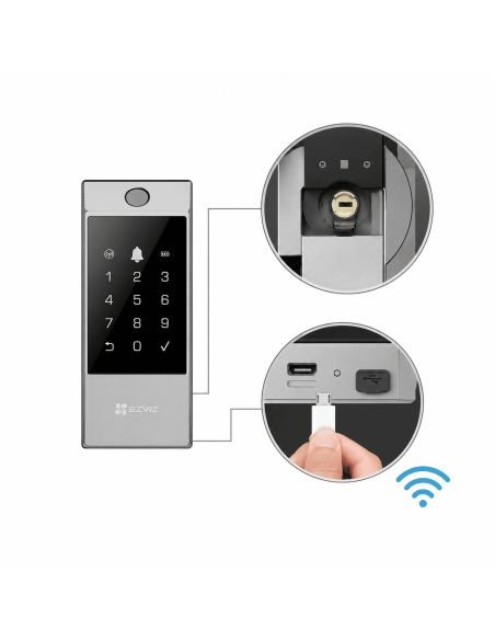 Cerradura EZVIZ DL04 Pantalla Tactil Huella, referencia CS-DL04-R100-WBCP-GR(M)(O-STD), producto en uso