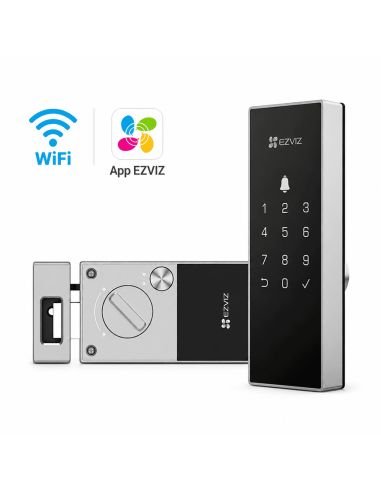 Cerradura EZVIZ DL04 Pantalla Tactil Huella, referencia CS-DL04-R100-WBCP-GR(M)(O-STD), vista en ángulo