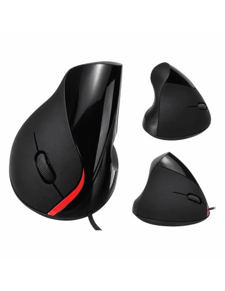 Mouse vertical ergonomico, vistas de frente, lateral y trasera