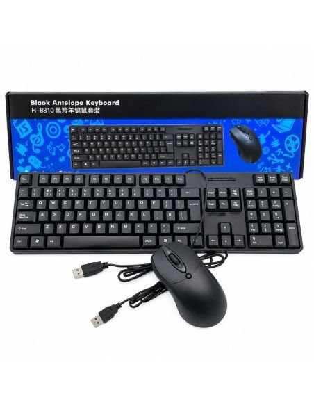 Combo teclado y mouse H8810 en espanol con tecla N, junto a su caja