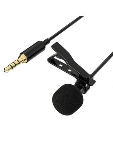 Micrófono de solapa negro con pinza, espuma antiviento y conector 3.5 mm dorado de 4 contactos