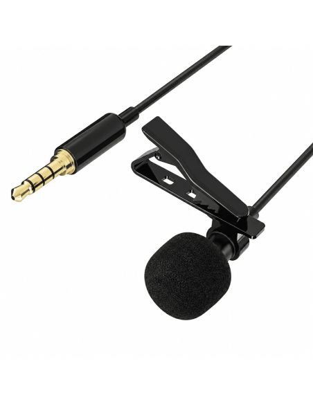 Micrófono de solapa negro con pinza, espuma antiviento y conector 3.5 mm dorado de 4 contactos