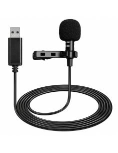 Micrófono de solapa USB con pinza, espuma antiviento y cable enrollado