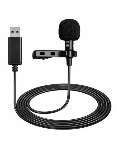 Micrófono de solapa USB con pinza, espuma antiviento y cable enrollado