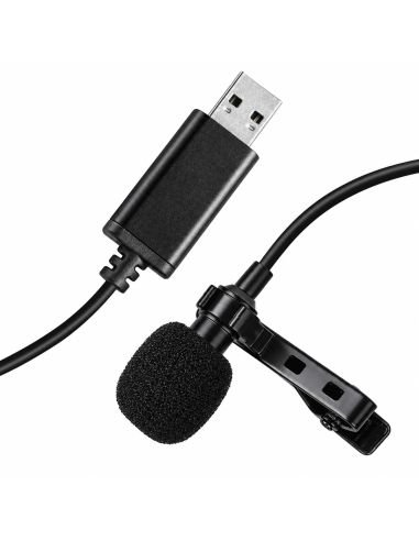 Conector USB-A y cápsula del micrófono de solapa, con la pinza de sujeción