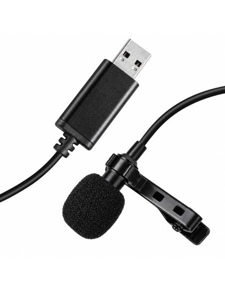 Conector USB-A y cápsula del micrófono de solapa, con la pinza de sujeción
