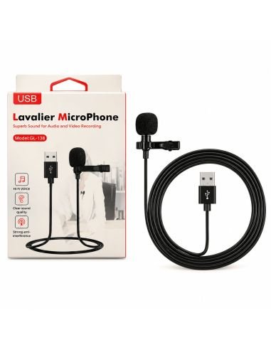 Caja del micrófono de solapa USB modelo GL-138 junto al producto