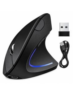 Mouse vertical inalámbrico negro con receptor USB y cable de carga micro-USB