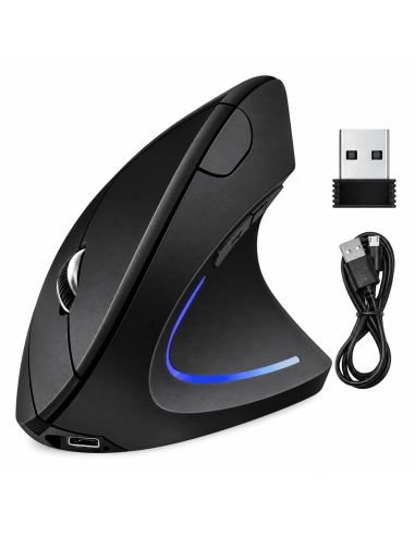 Mouse vertical inalámbrico negro con receptor USB y cable de carga micro-USB