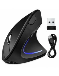 Mouse vertical inalámbrico negro con receptor USB y cable de carga micro-USB 2