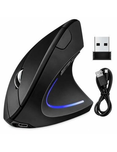 Mouse vertical inalámbrico de lado, con la tira LED azul y el puerto de carga en la base