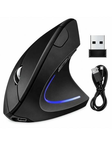 Mouse vertical inalámbrico de lado, con la tira LED azul y el puerto de carga en la base
