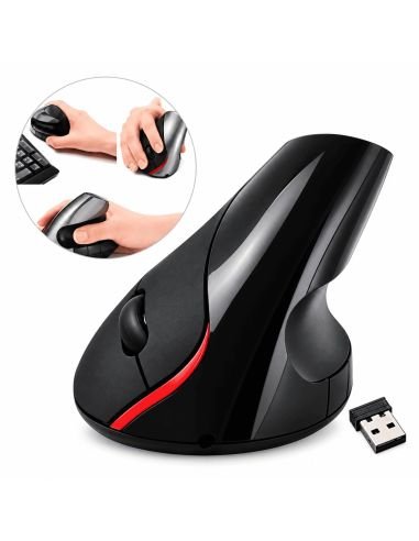 Mouse vertical con su receptor USB y ejemplos de cómo se apoya la mano