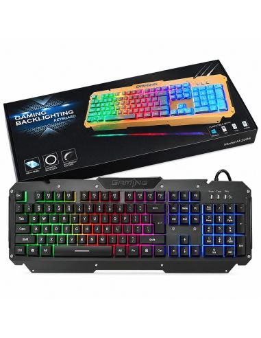 Teclado gamer retroiluminado M-200S con su caja, panel de aluminio y 104 teclas