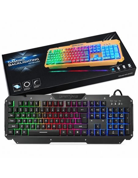 Teclado gamer retroiluminado M-200S con su caja, panel de aluminio y 104 teclas