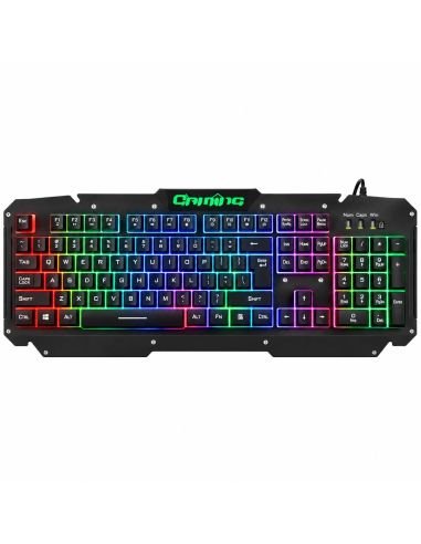 Teclado gamer retroiluminado visto de frente, con la iluminación de colores encendida