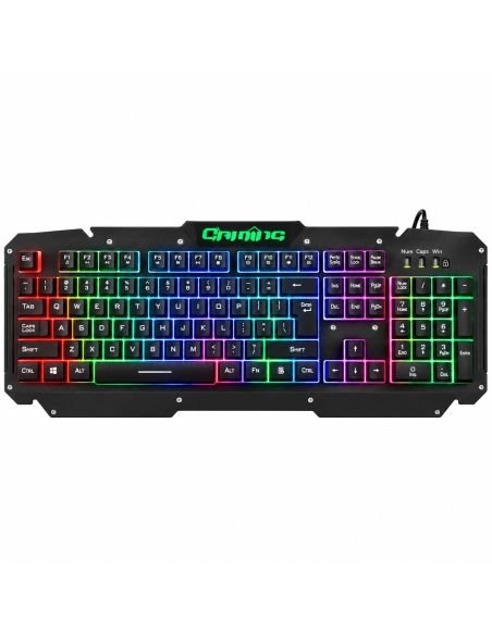 Teclado gamer retroiluminado visto de frente, con la iluminación de colores encendida