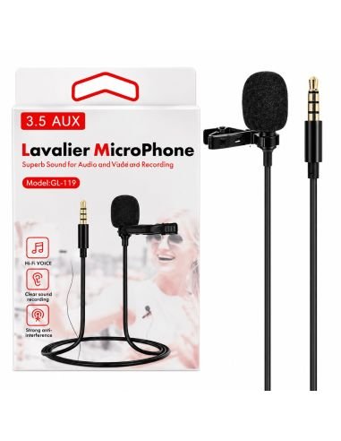 Caja del micrófono de solapa modelo GL-119, 3.5 AUX, junto al producto
