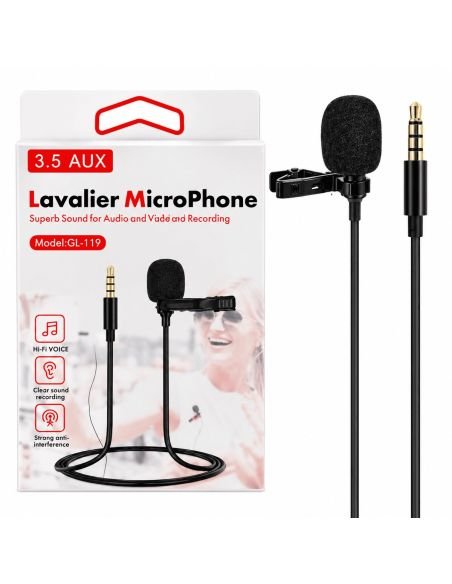 Caja del micrófono de solapa modelo GL-119, 3.5 AUX, junto al producto