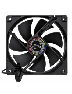 Ventilador de 12 cm negro visto de frente, con su etiqueta DC 12V 0.15A y conector Molex