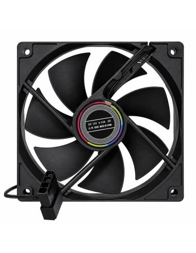 Ventilador de 12 cm negro visto de frente, con su etiqueta DC 12V 0.15A y conector Molex
