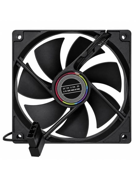 Ventilador de 12 cm negro visto de frente, con su etiqueta DC 12V 0.15A y conector Molex