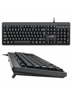 Teclado Genius alámbrico USB negro, visto desde arriba y de perfil