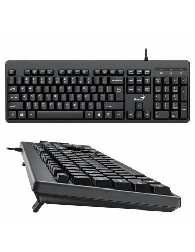 Teclado Genius alámbrico USB negro, visto desde arriba y de perfil