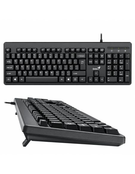 Teclado Genius alámbrico USB negro, visto desde arriba y de perfil