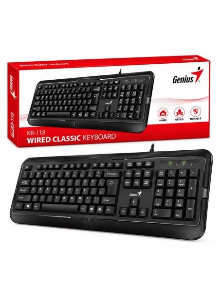 Caja del teclado Genius Wired Classic Keyboard, junto al teclado