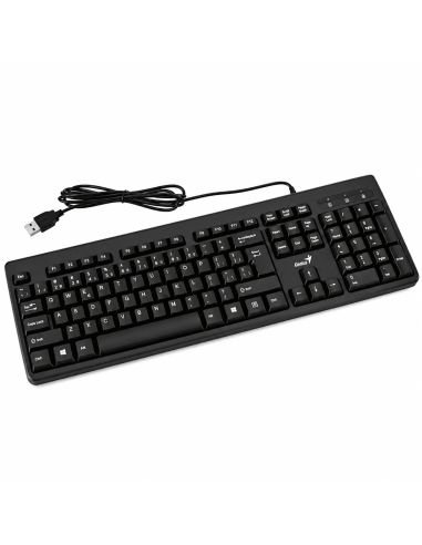 Teclado Genius alámbrico en ángulo, con su cable USB enrollado